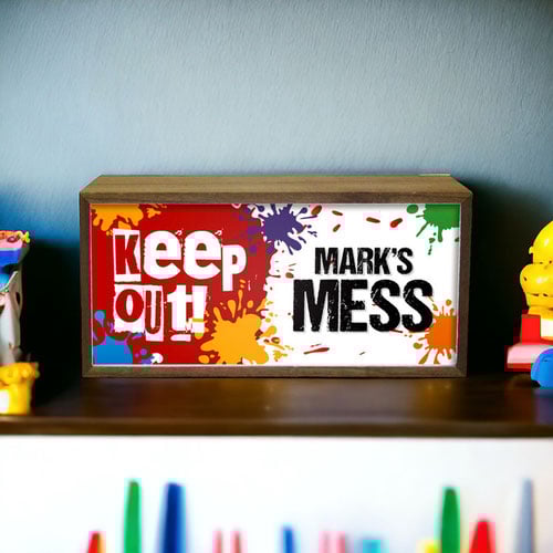 Personalised Keep Out Play Room Mess LED Light Box Wood Room Sign Product Gallery Image
