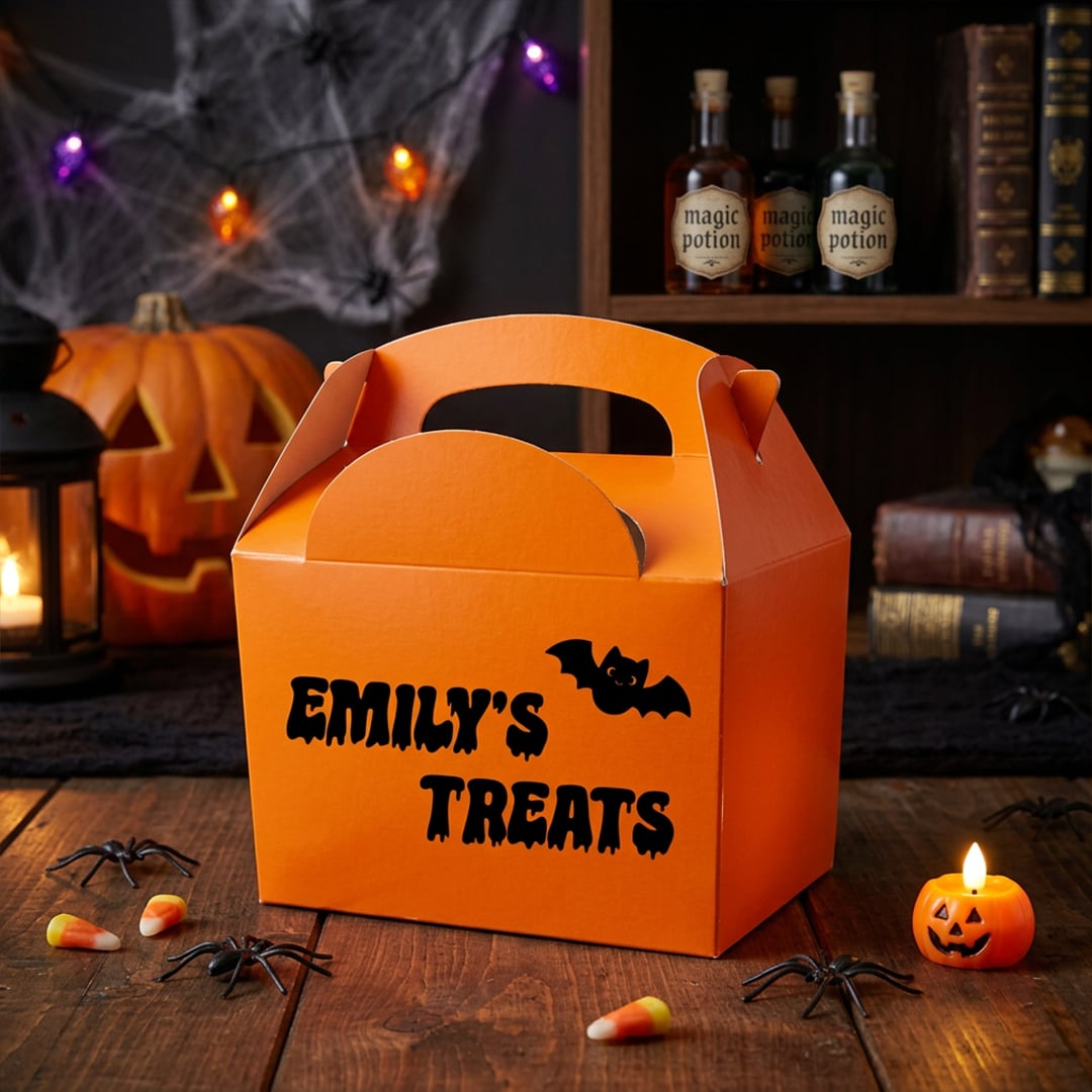 Personalised Name's Treats Customisable Halloween Orange Party Paper Lunch Box