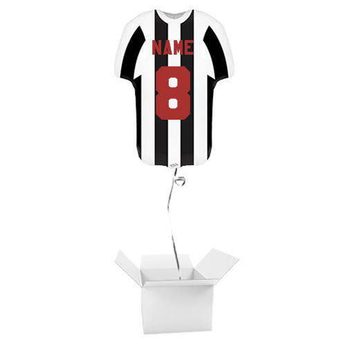 Personalised Name & Number Sports Shirt Shape Black & White Stripe Metallic Helium Foil Giant Balloon - Inflated Balloon in a Box Product Gallery Image