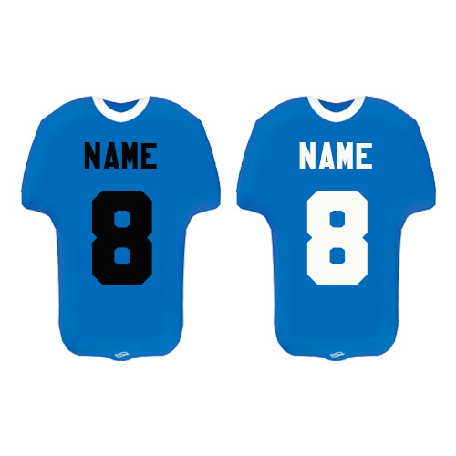 Personalised Name & Number Sports Shirt Shape Blue Metallic Helium Foil Giant Balloon - Inflated Balloon in a Box Product Gallery Image