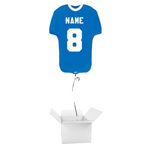 Personalised Name & Number Sports Shirt Shape Blue Metallic Helium Foil Giant Balloon - Inflated Balloon in a Box Product Gallery Image