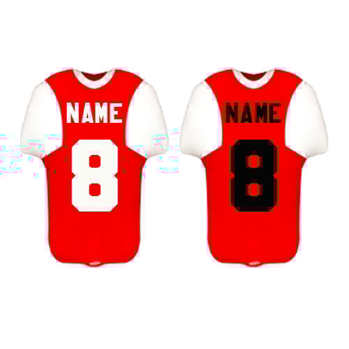 Personalised Name & Number Sports Shirt Shape Red & White Metallic Helium Foil Giant Balloon - Inflated Balloon in a Box Product Gallery Image