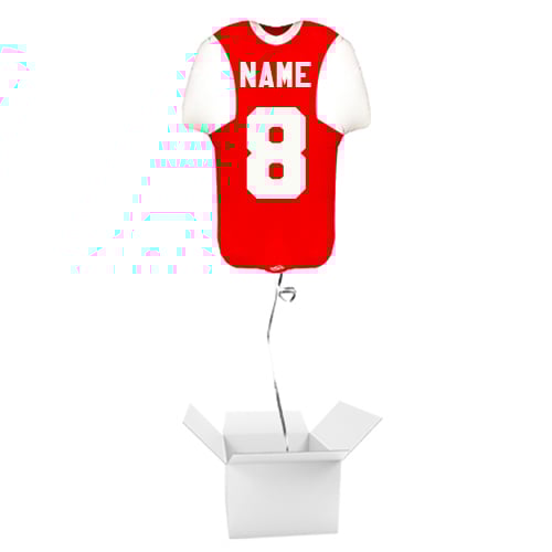 Personalised Name & Number Sports Shirt Shape Red & White Metallic Helium Foil Giant Balloon - Inflated Balloon in a Box Product Gallery Image
