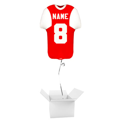 Personalised Name & Number Sports Shirt Shape Red & White Metallic Helium Foil Giant Balloon - Inflated Balloon in a Box Product Gallery Image