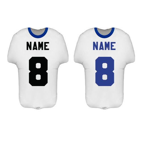 Personalised Name & Number Sports Shirt Shape White & Blue Metallic Helium Foil Giant Balloon - Inflated Balloon in a Box Product Gallery Image