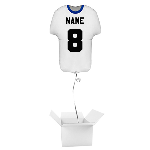 Personalised Name & Number Sports Shirt Shape White & Blue Metallic Helium Foil Giant Balloon - Inflated Balloon in a Box Product Gallery Image