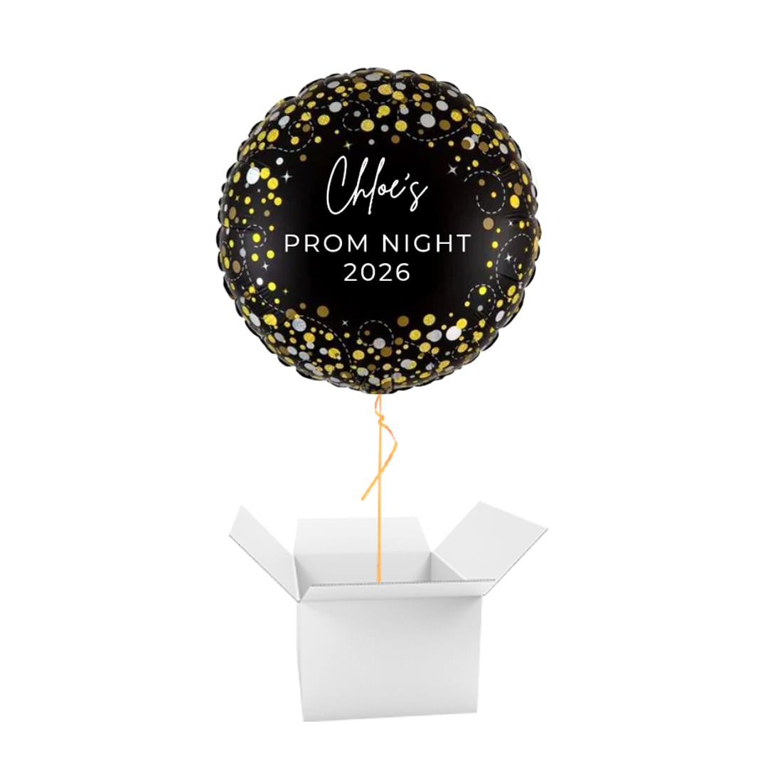 Personalised Name Prom Night 2026 Sparkling Fizz Black Gold Round Foil Balloon - Inflated Balloon In A Box