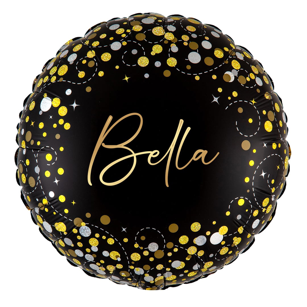 Personalised Name Sparkling Fizz Holographic Black Gold Round Foil Balloon 46cm / 18 in