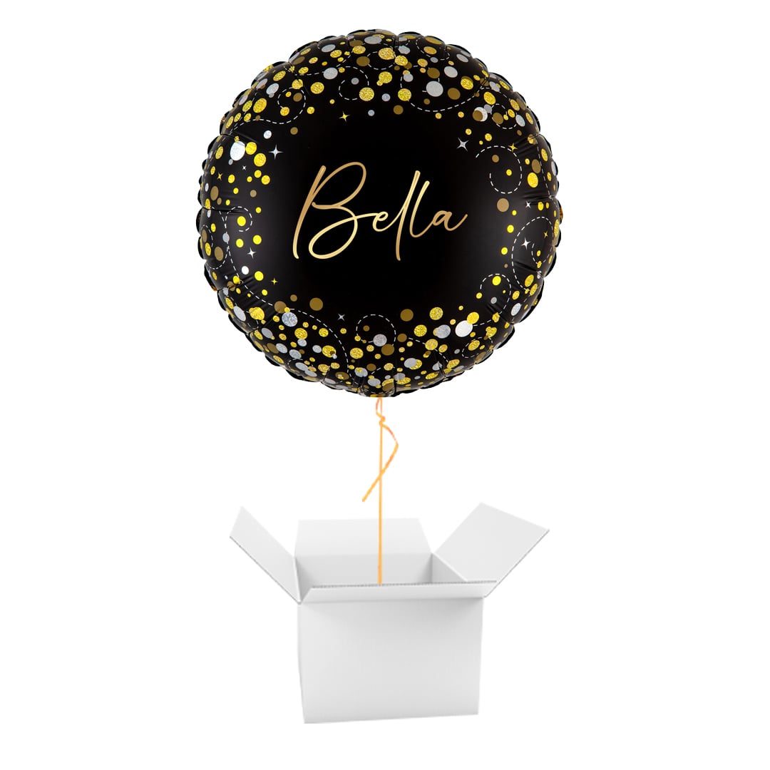 Personalised Name Sparkling Fizz Holographic Black Gold Round Foil Balloon - Inflated Balloon In A Box