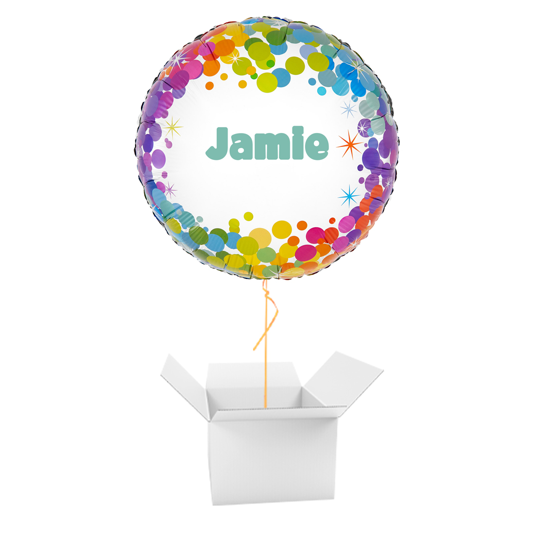 Personalised Name Sparkling Fizz Metallic Colourful Confetti Round Foil Balloon - Inflated Balloon In A Box