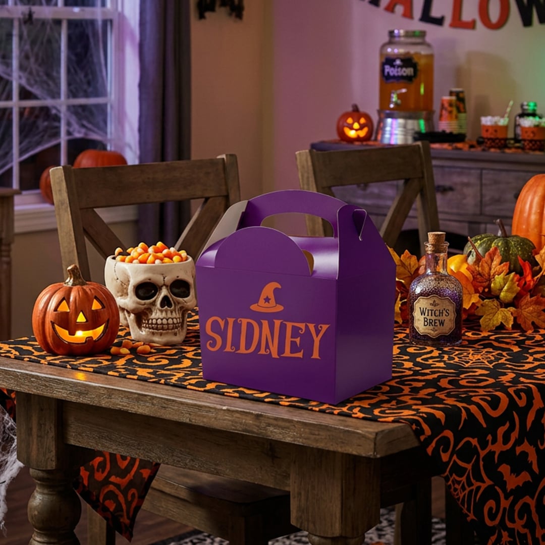 Personalised Name Witch Hat Halloween Purple Party Paper Lunch Box View 2