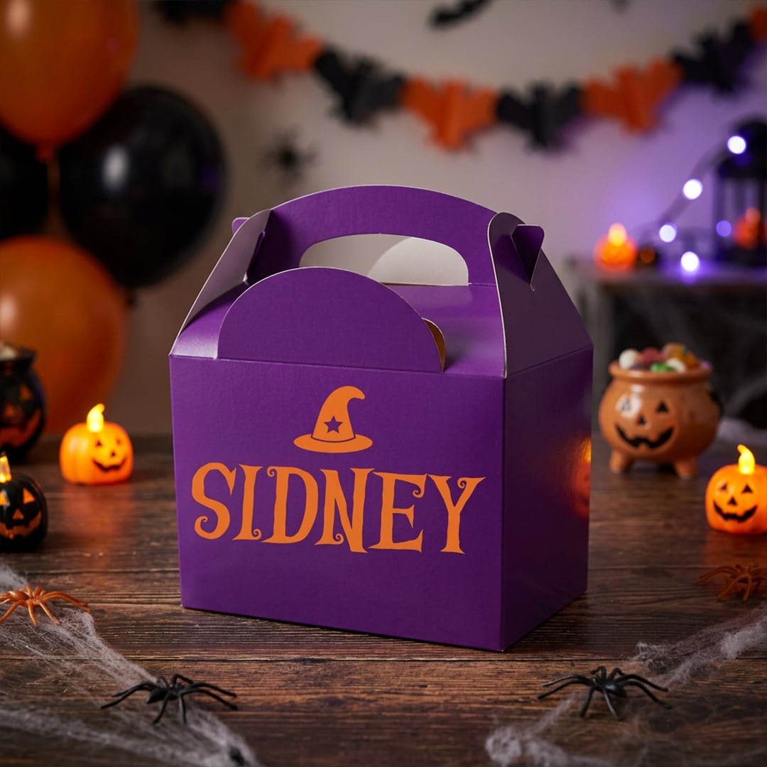 Personalised Name Witch Hat Halloween Purple Party Paper Lunch Box
