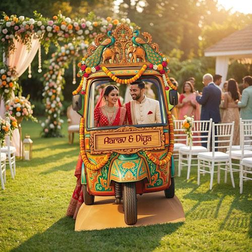 Personalised Number Plate Desi Wedding Tuk Tuk Rickshaw Backdrop Stand In Cardboard Cutout 164cm Product Gallery Image