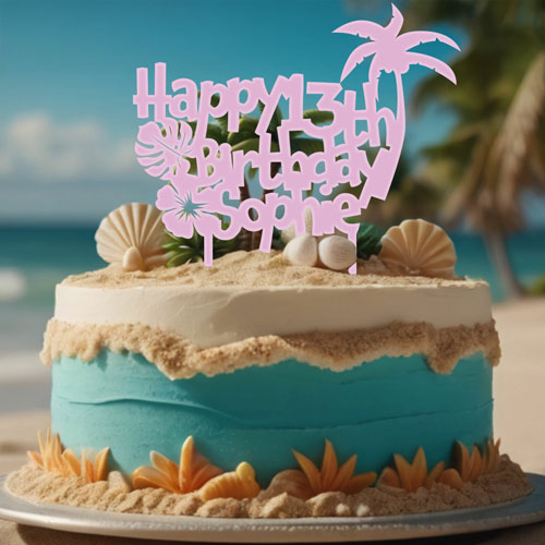 Personalised Tropical Island Age and Name Happy Birthday Acrylic Cake Topper