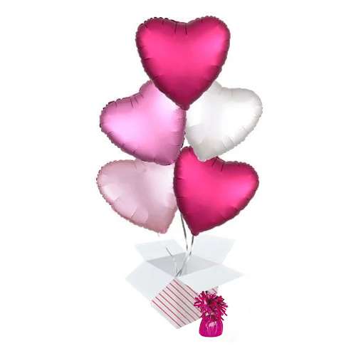 Pink Assortment Hearts Foil Helium Balloon Bouquet - 5 Inflated Balloons In A Box Product Gallery Image