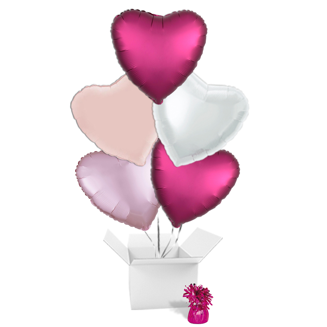 Pink Assortment Hearts Foil Helium Balloon Bouquet - 5 Inflated Balloons In A Box