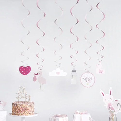 Pink Baby Shower Hanging Swirl Decorations - Pack of 6 Product Gallery Image