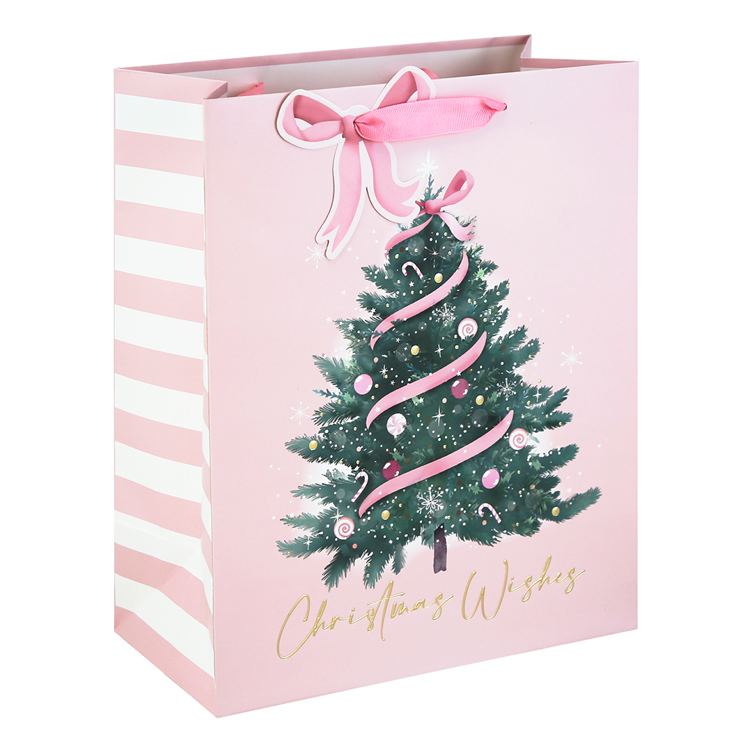 Pink Bow Christmas Tree Embossed Large Baby Pink Gift Bag 33cm
