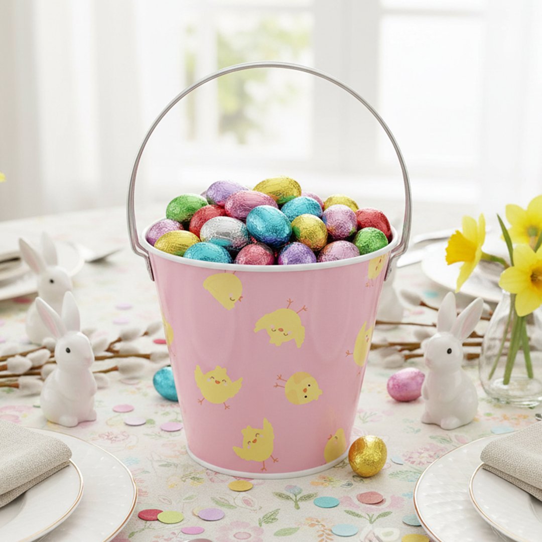 Pink Chick Easter Egg Hunt Tin Bucket 16cm