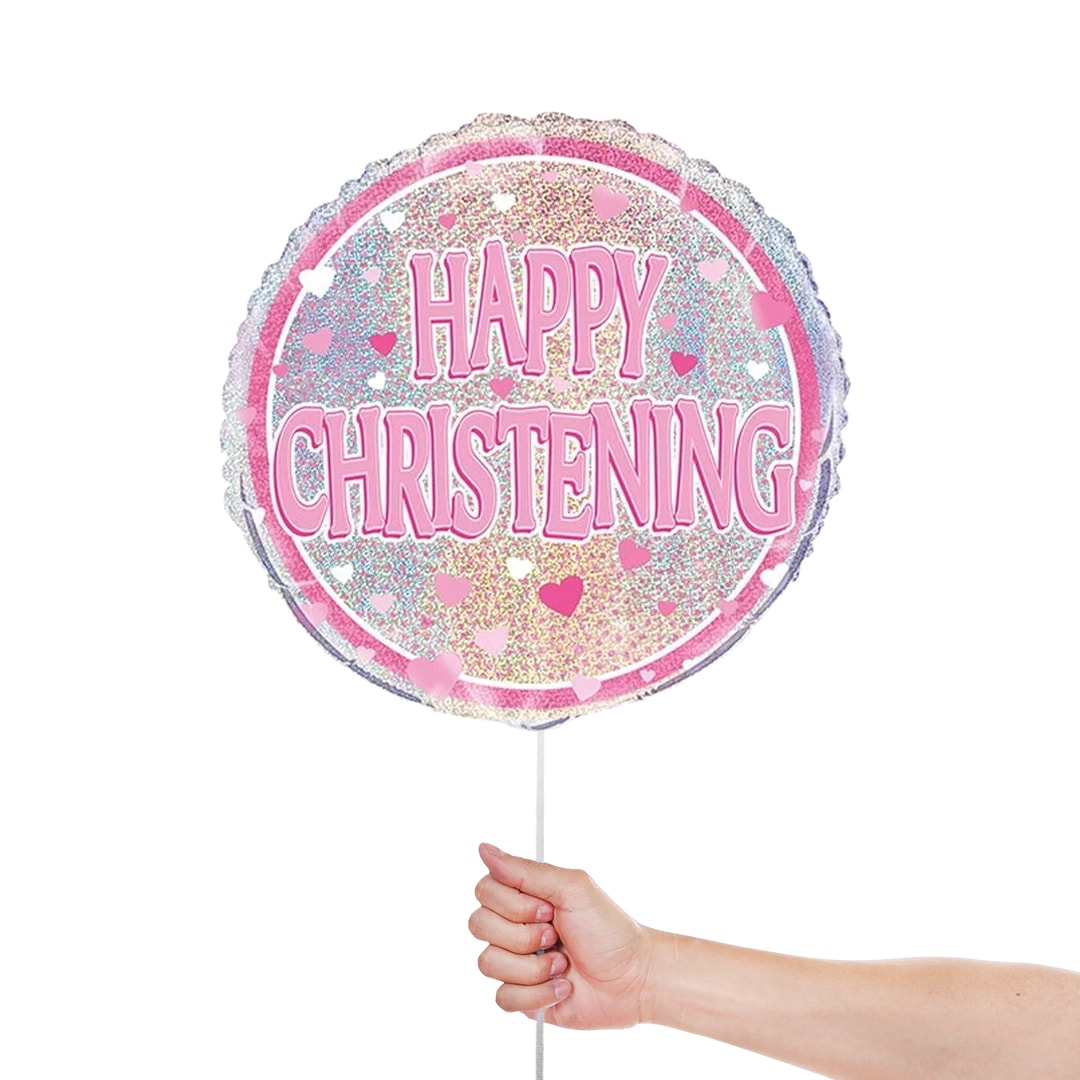 Pink Christening Holographic Round Foil Helium Balloon 46cm / 18 in Product Gallery Image