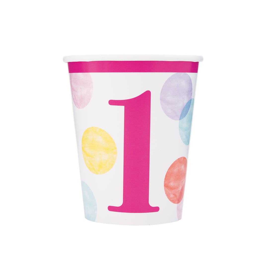 Pink Dots 1st Birthday Paper Cups 270ml - Pack of 8