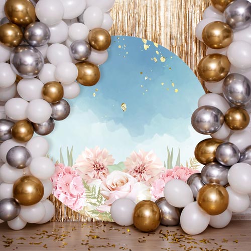 Pink Flowers & Blue Watercolour Design Circle Sailboard Backdrop Product Gallery Image