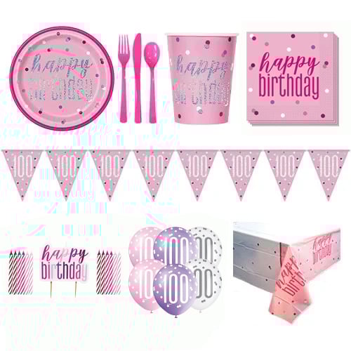 Pink Glitz 100th Birthday 8 Person Deluxe Party Pack