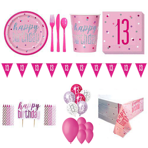 Pink Glitz 13th Birthday 16 Person Deluxe Party Pack