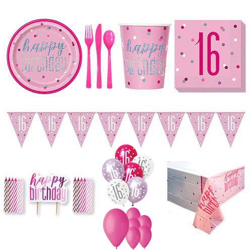 Pink Glitz 16th Birthday 16 Person Deluxe Party Pack