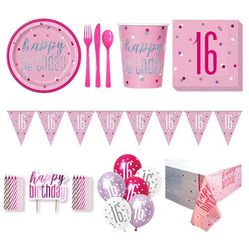 Pink Glitz 16th Birthday 8 Person Deluxe Party Pack