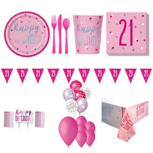 Pink Glitz 21st Birthday 16 Person Deluxe Party Pack