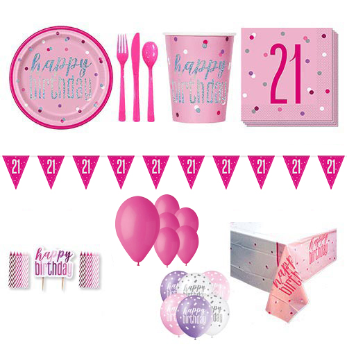 Pink Glitz 21st Birthday 16 Person Deluxe Party Pack