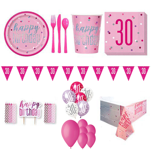 Pink Glitz 30th Birthday 16 Person Deluxe Party Pack