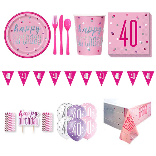 Pink Glitz 40th Birthday 8 Person Deluxe Party Pack