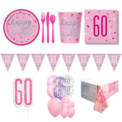 Pink Glitz 60th Birthday 16 Person Deluxe Party Pack