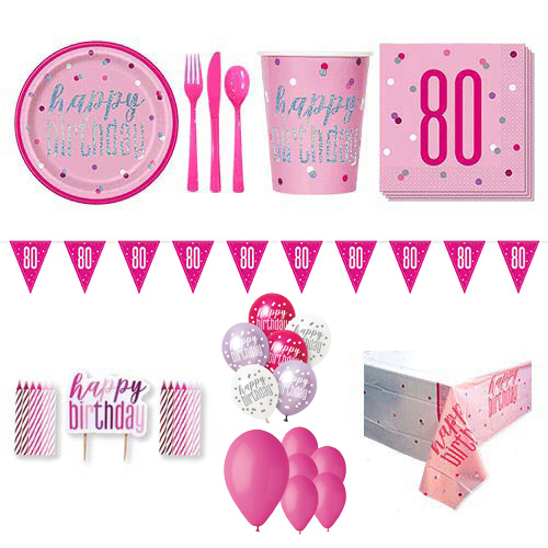 Pink Glitz 80th Birthday 16 Person Deluxe Party Pack