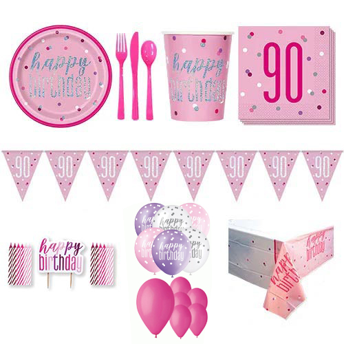 Pink Glitz 90th Birthday 16 Person Deluxe Party Pack