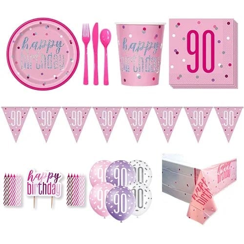 Pink Glitz 90th Birthday 8 Person Deluxe Party Pack