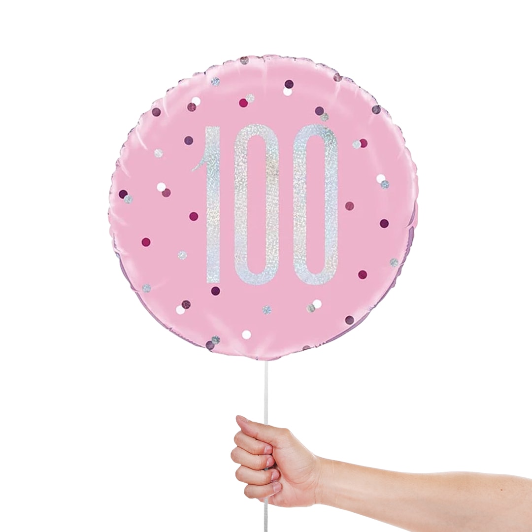 Pink Glitz Age 100 Holographic Round Foil Helium Balloon 46cm / 18 in Product Gallery Image
