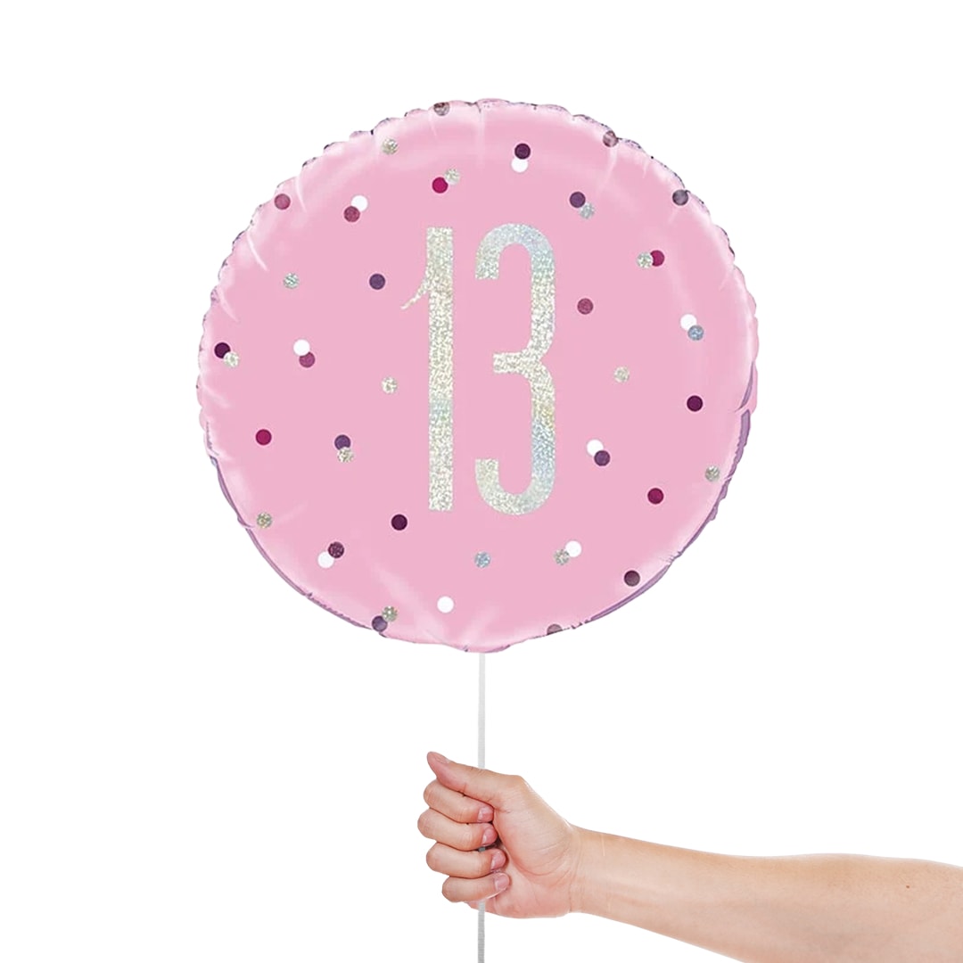 Pink Glitz Age 13 Holographic Round Foil Helium Balloon 46cm / 18 in Product Gallery Image