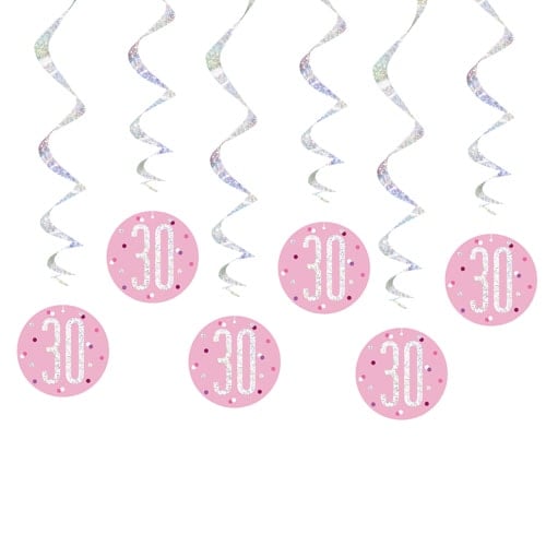 Pink Glitz Age 30 Holographic Hanging Swirl Decorations - Pack of 6 Product Image