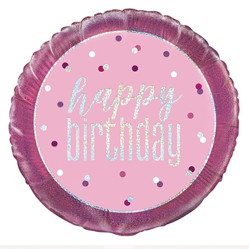 Pink Glitz Happy Birthday Holographic Round Foil Helium Balloon 46cm / 18 in Product Image