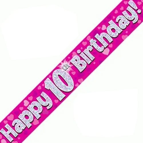 Pink Happy 10th Birthday Holographic Foil Banner 274cm Product Image