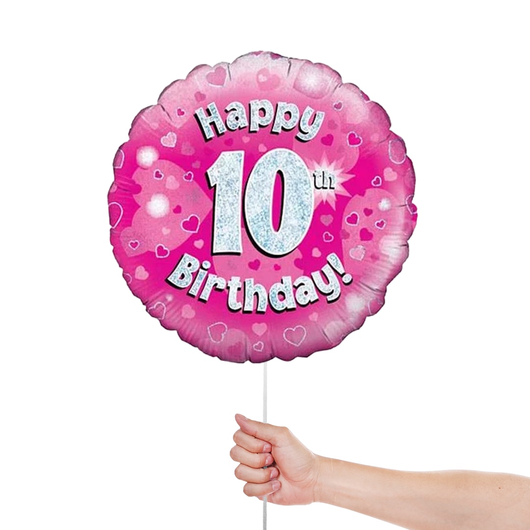 Pink Happy 10th Birthday Holographic Round Foil Helium Balloon 46cm / 18 in Product Gallery Image
