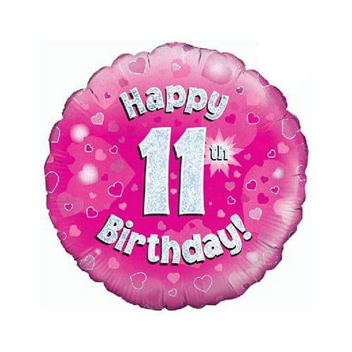 Pink Happy 11th Birthday Holographic Round Foil Helium Balloon 46cm / 18 in Product Image