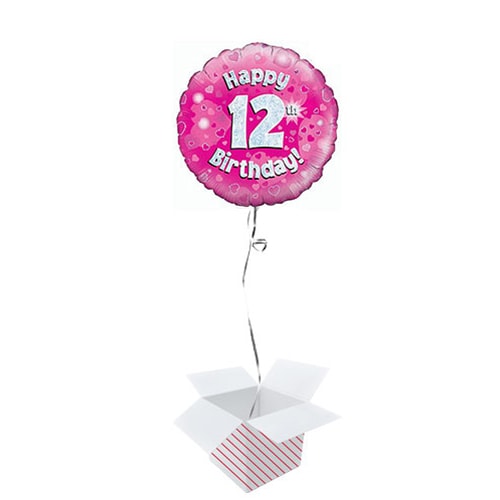 Pink Happy 12th Birthday Holographic Round Foil Helium Balloon - Inflated Balloon in a Box Product Image