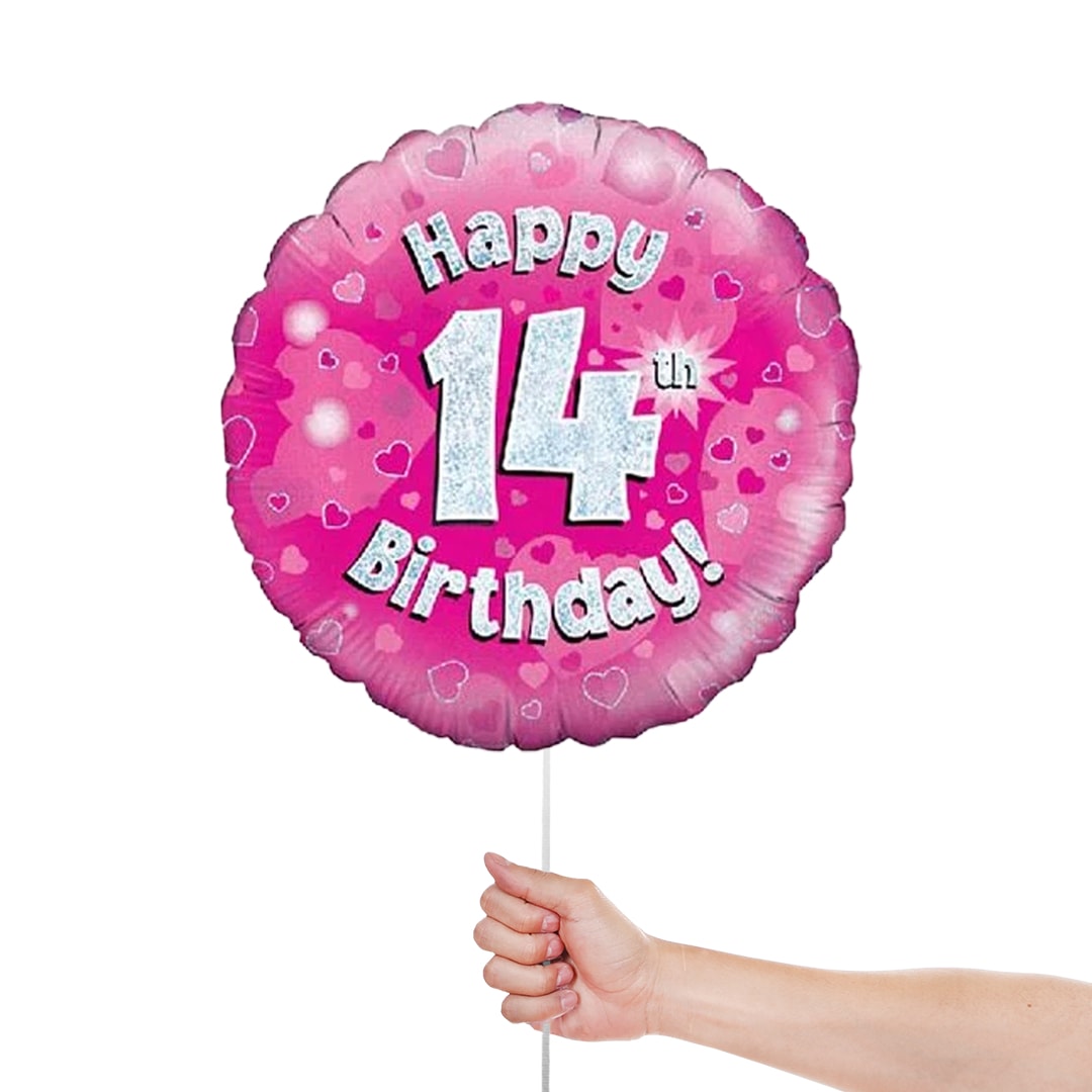 Pink Happy 14th Birthday Holographic Round Foil Helium Balloon 46cm / 18 in Product Gallery Image