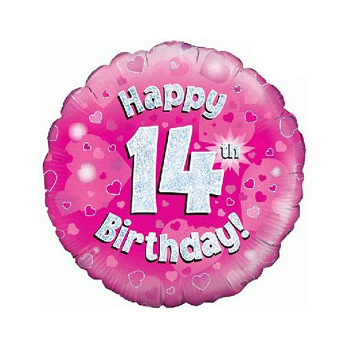 Pink Happy 14th Birthday Holographic Round Foil Helium Balloon 46cm / 18 in Product Image