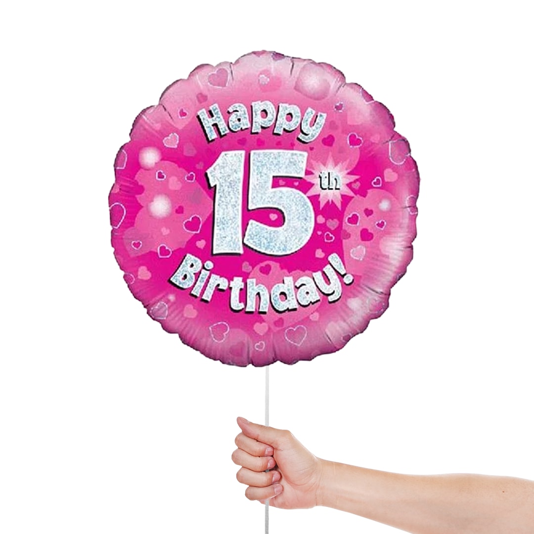Pink Happy 15th Birthday Holographic Round Foil Helium Balloon 46cm / 18 in Product Gallery Image