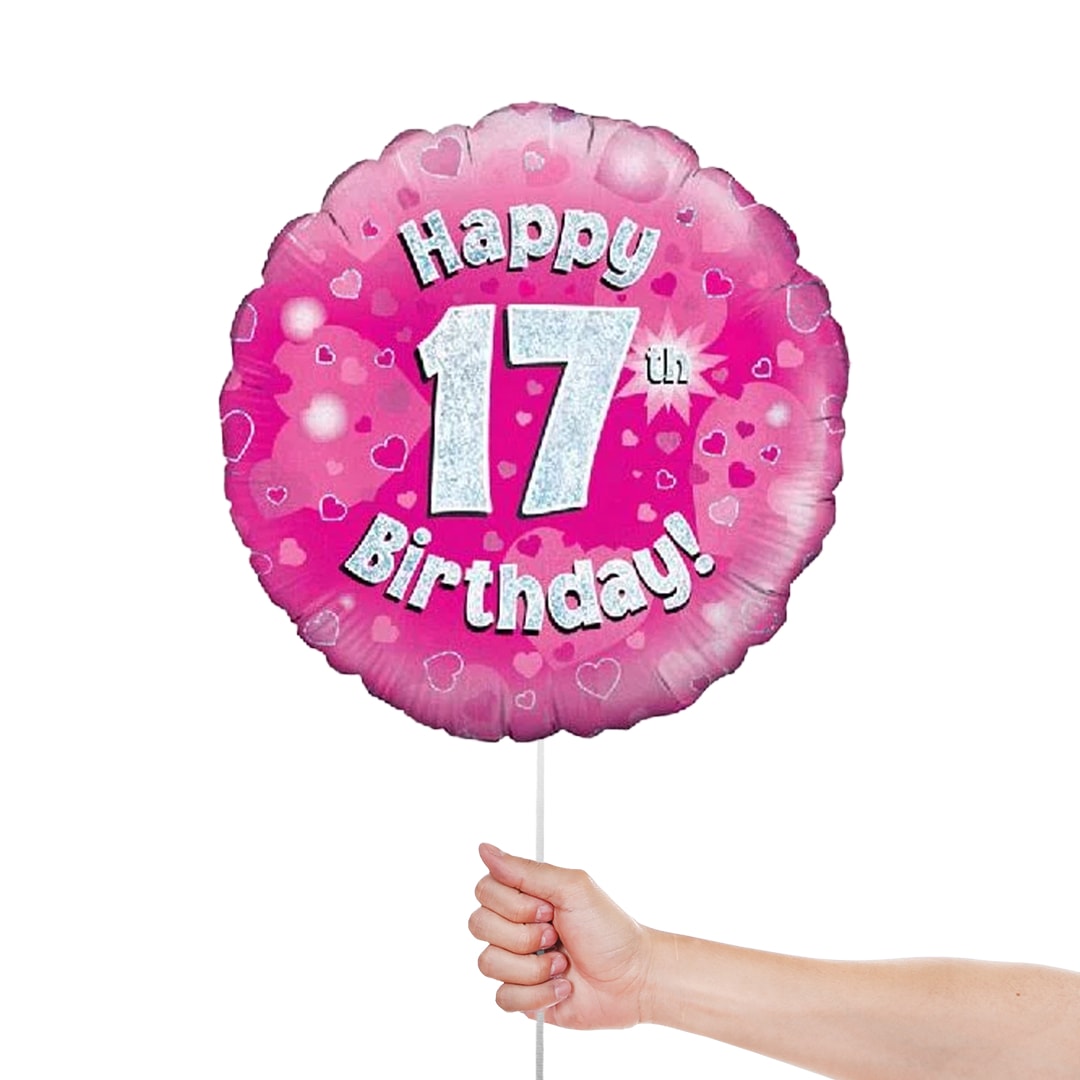 Pink Happy 17th Birthday Holographic Round Foil Helium Balloon 46cm / 18 in Product Gallery Image